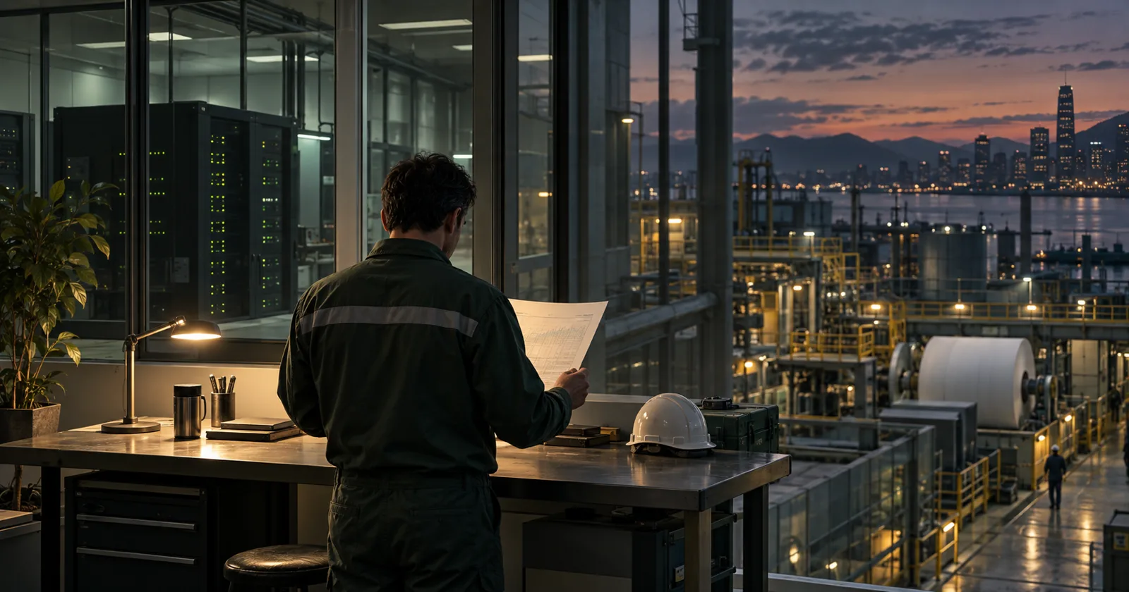 An engineer studies a production report beside an on-site computer room, with an industrial facility and distant city visible beyond the glass.