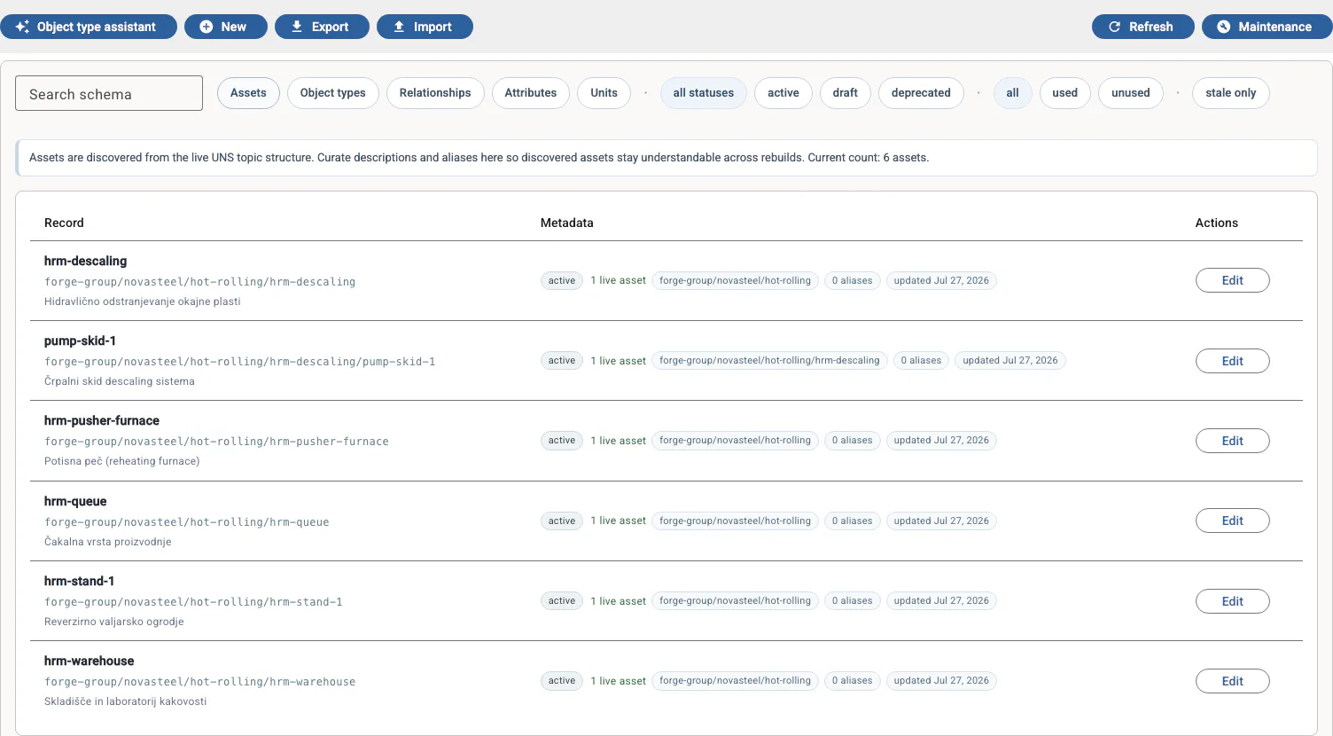 UNS OpenHub Schema view listing discovered assets with status, namespace paths, and curated metadata